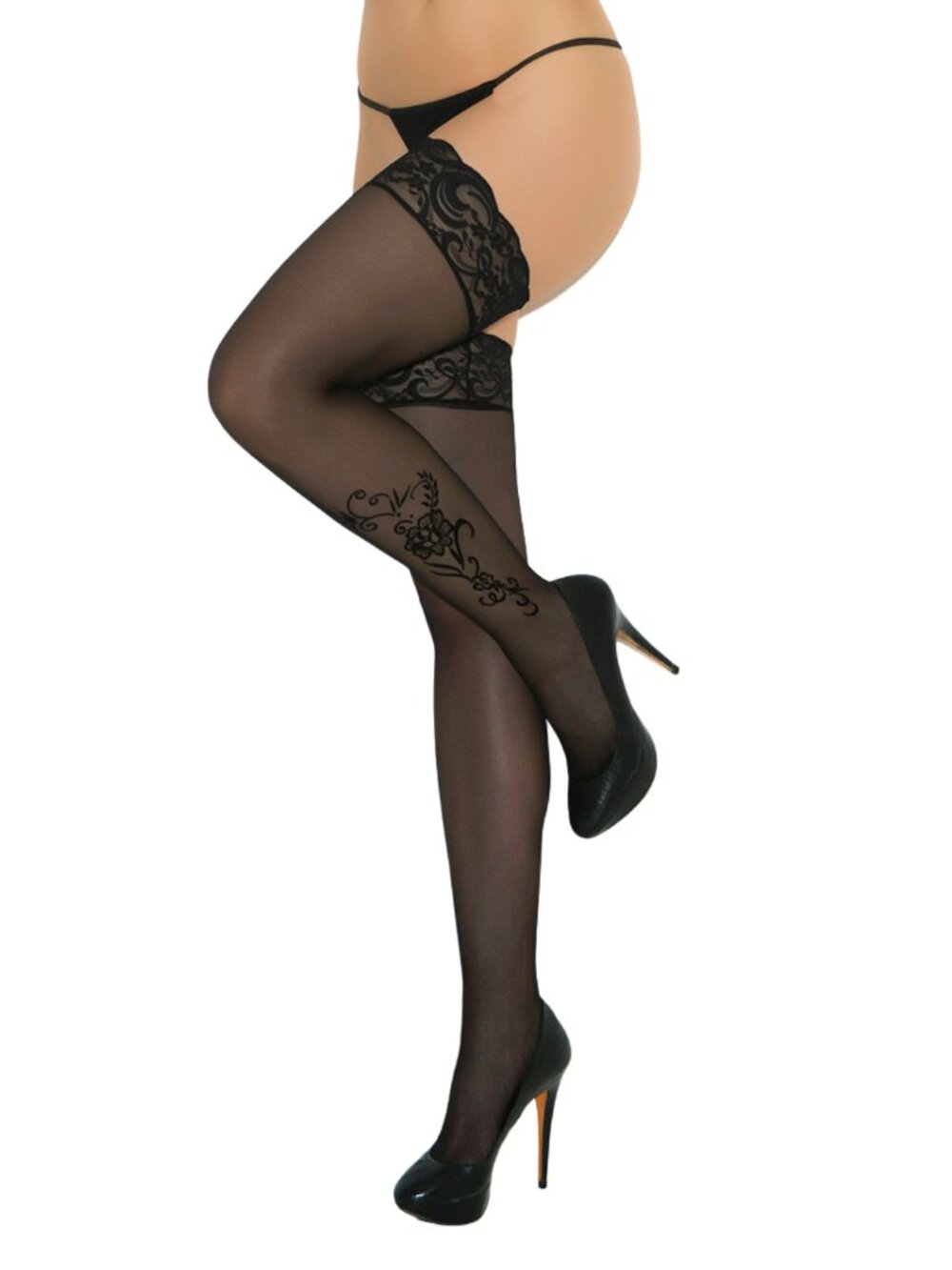 Black Sheer Thigh High Stockings with Lace Top Band and Floral Applique One Size